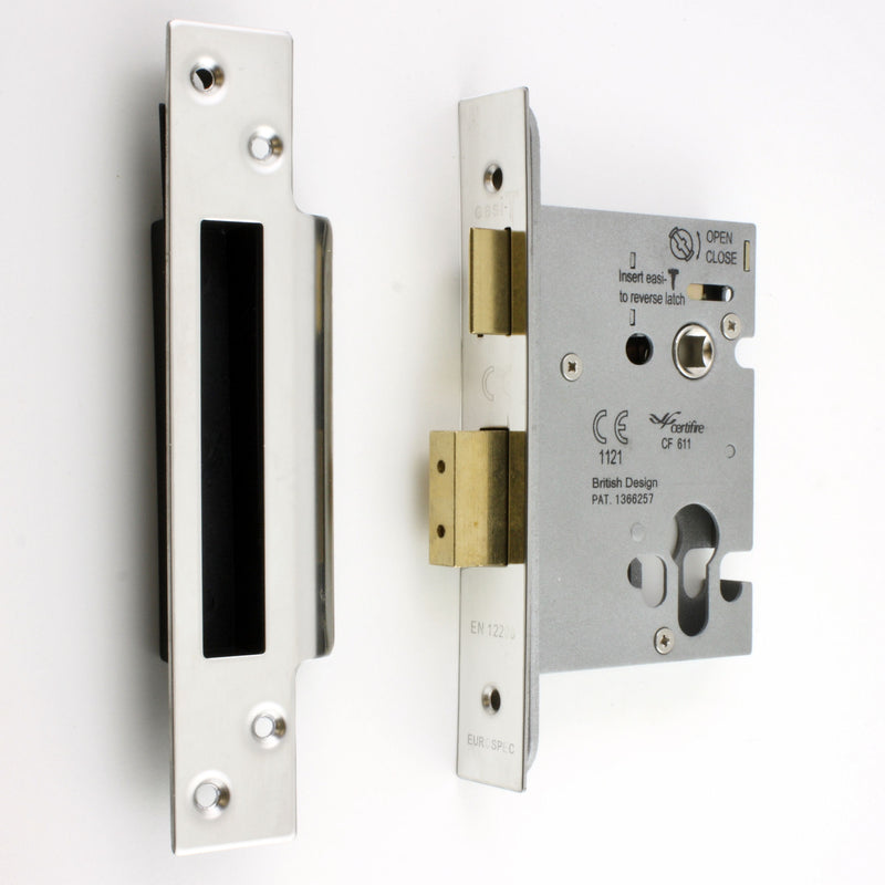 Architectural Quality Euro Profile Mortice Sash Lock Case - Polished Stainless Steel (Shiny Finish)
