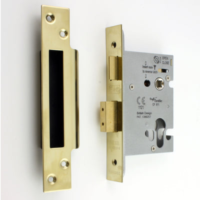 Architectural Quality Euro Profile Mortice Sash Lock Case - CE / UKCA Marked - Fire Rated - Certifire Approved - Polished Brass PVD Plated