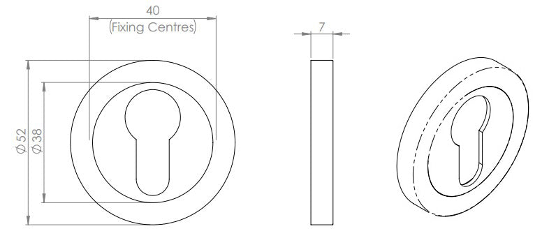 Euro Profile Escutcheon On Concealed Fix Round Rose - 52mm x 7mm - Diagram