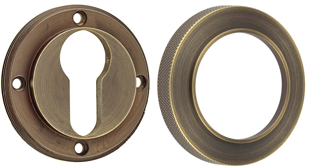 Euro Profile Escutcheon With Knurled Rose - 53mm x 10mm - Antique Brass
