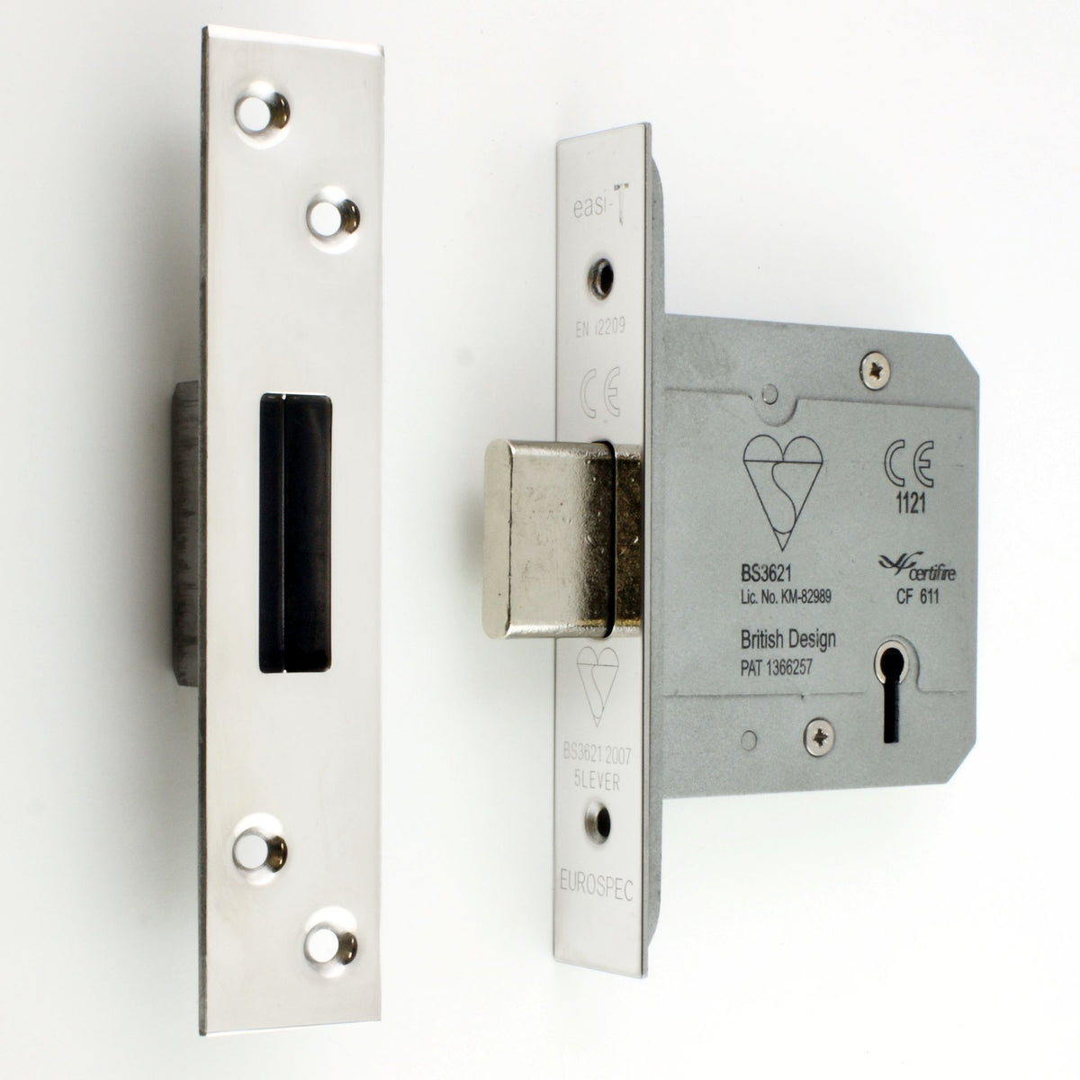 BS Rated - 5 Lever British Standard Kite Marked Mortice Dead Lock - Polished Stainless Steel - (Shiny Finish)