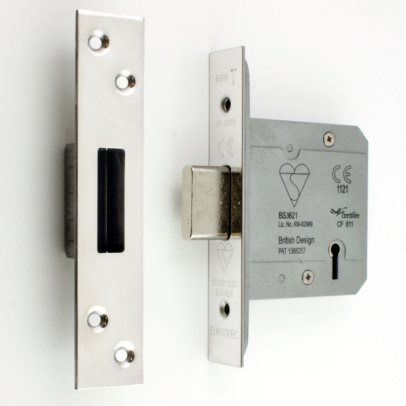 BS Rated - 5 Lever British Standard Kite Marked Mortice Dead Lock - Polished Stainless Steel - (Shiny Finish)