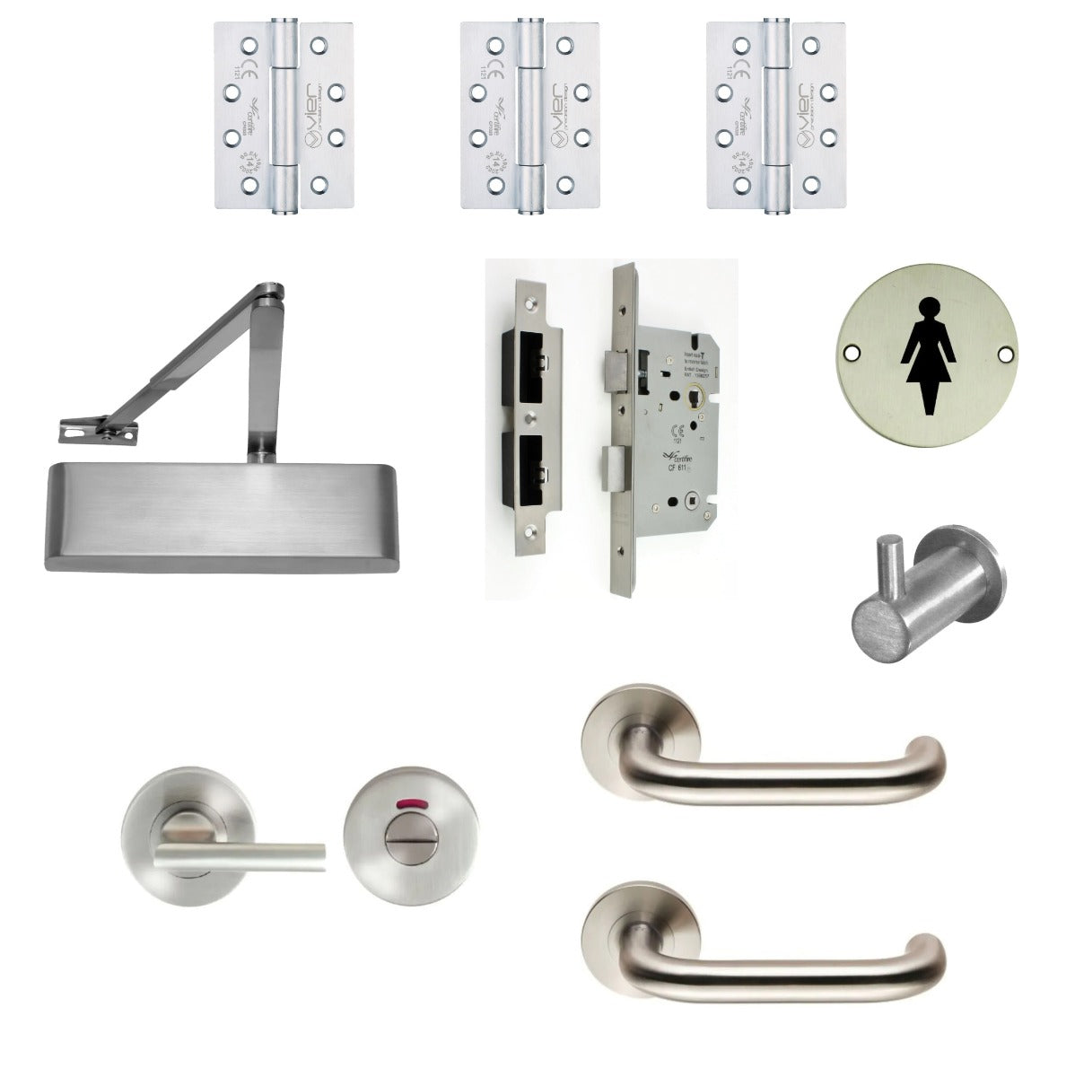 Female WC Toilet Door - Turn & Release Locking - Ironmongery Kit - For Non Fire Rated Doors - Satin Stainless Steel Ironmongery