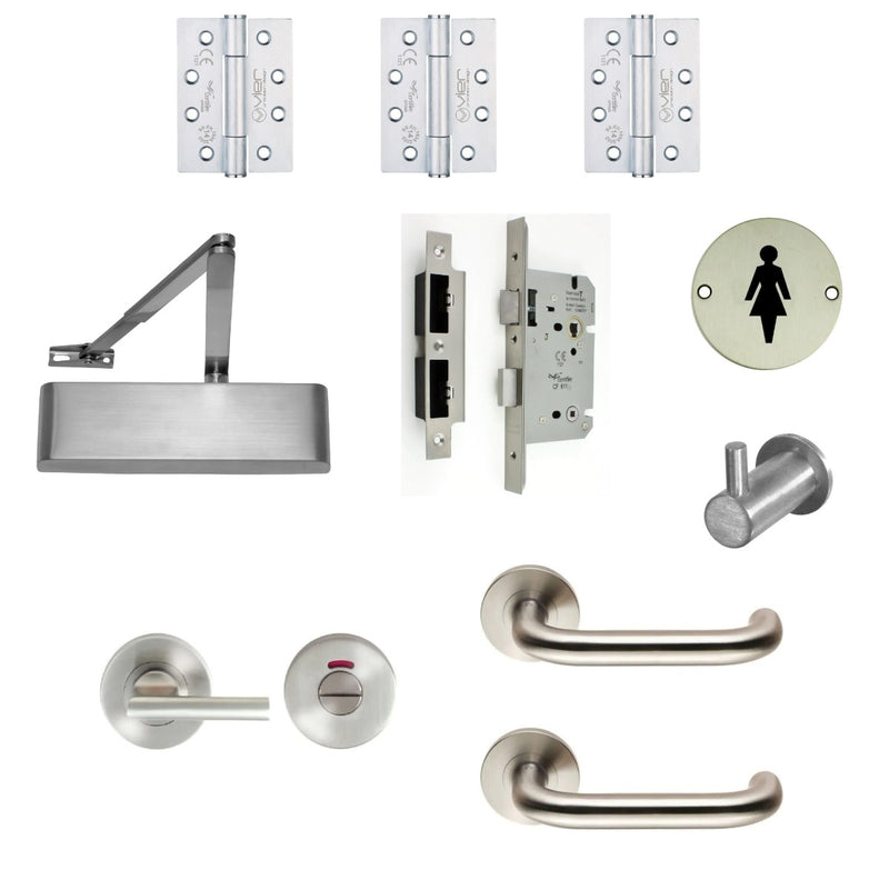 Female WC Toilet Door - Turn & Release Locking - Ironmongery Kit - For Non Fire Rated Doors - Satin Stainless Steel Ironmongery