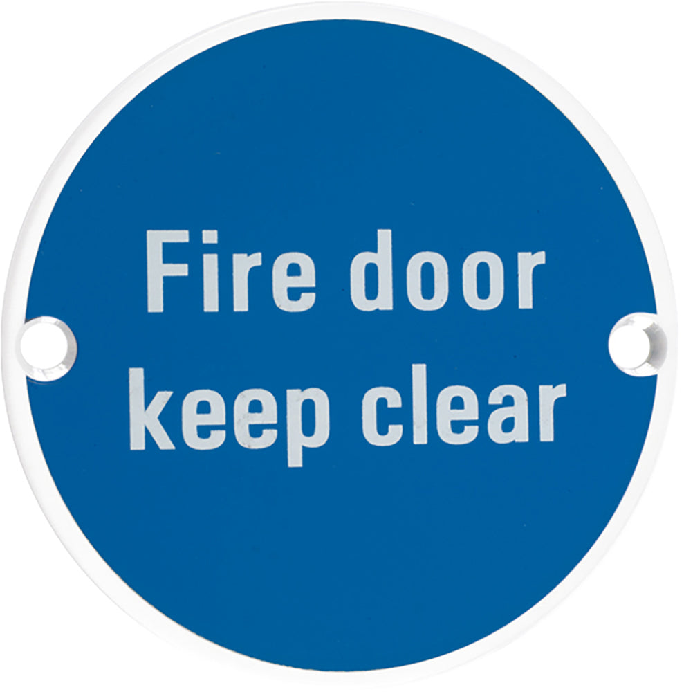 Fire Door Keep Clear - Circular Screw Fix Sign - Matt White Edge With Blue Background