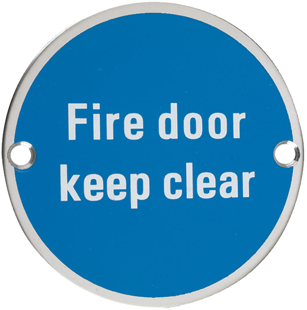 Fire Door Keep Clear - Circular Screw Fix Sign - Polished Stainless Steel Edge With Blue Background