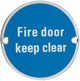 Fire Door Keep Clear - Circular Screw Fix Sign - Polished Stainless Steel Edge With Blue Background