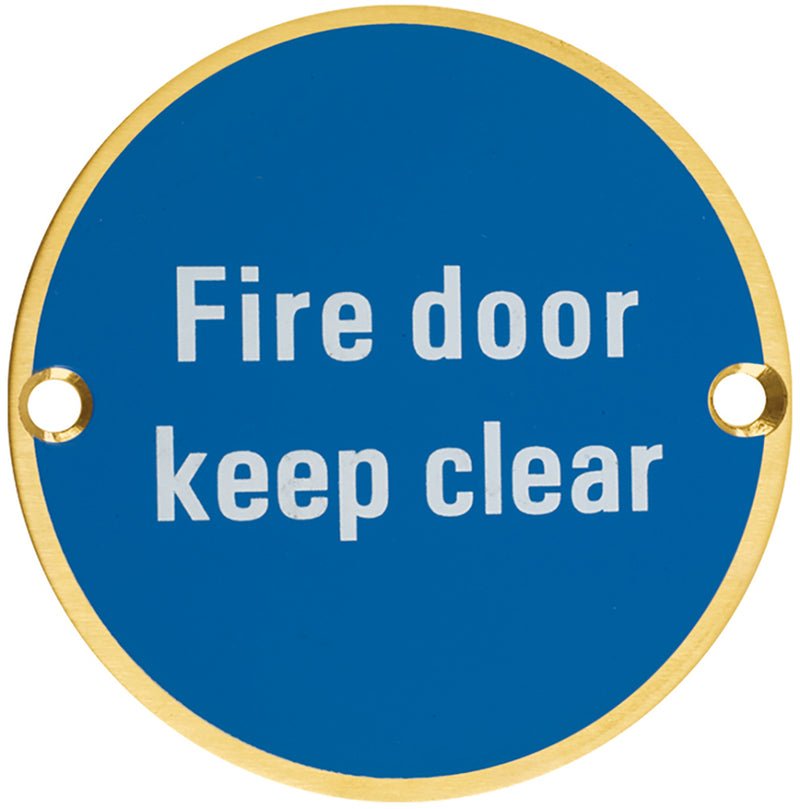 Fire Door Keep Clear - Circular Screw Fix Sign - PVD Satin Brass Edge With Blue Background
