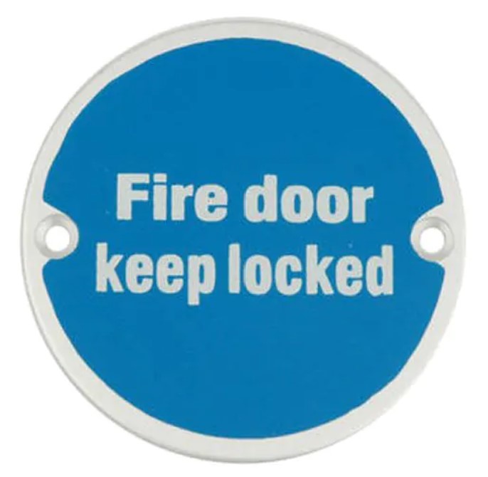 Fire door keep locked sign satin stainless steel with blue background