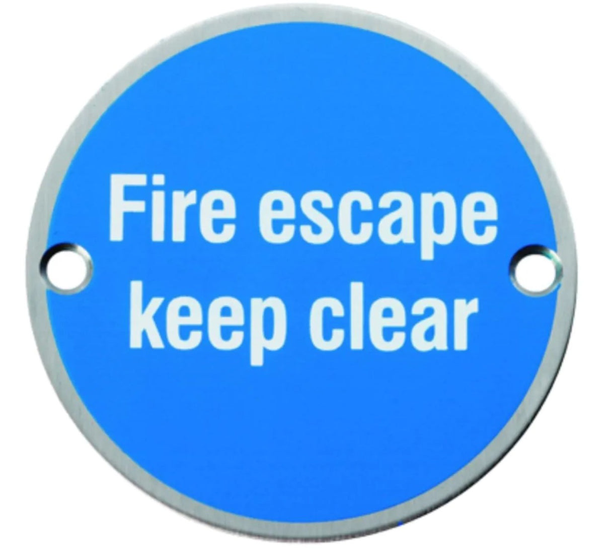 Fire escape keep clear sign - blue background - satin stainless steel
