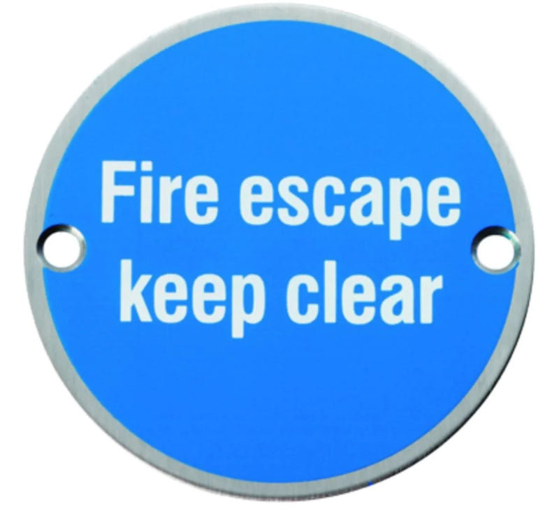 Fire escape keep clear sign - blue background - satin stainless steel