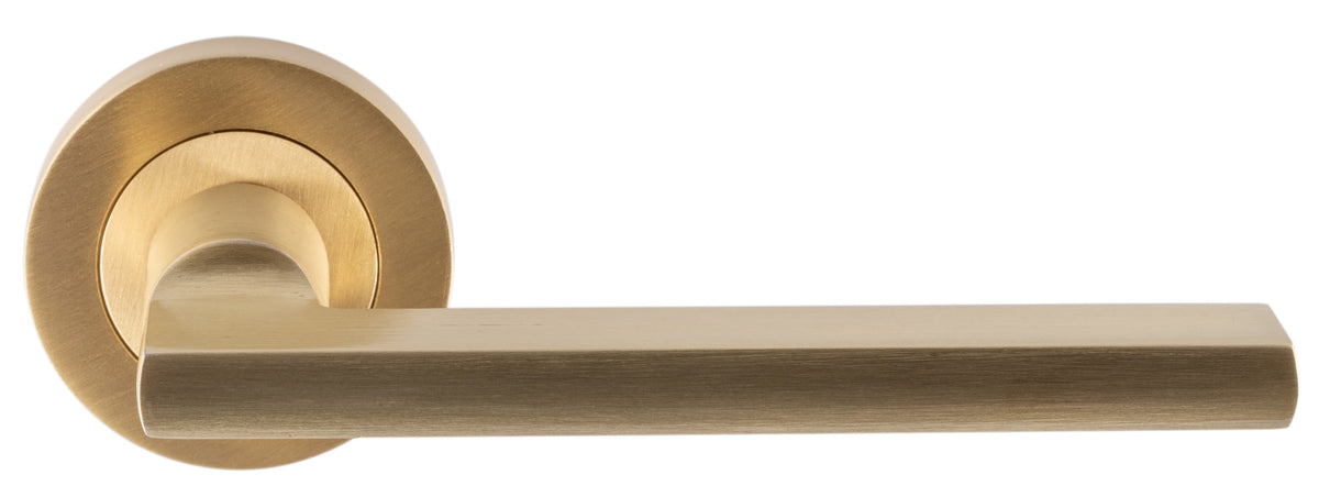 Flat Blade Style Lever Door Handles With Round Rose - Satin Brass