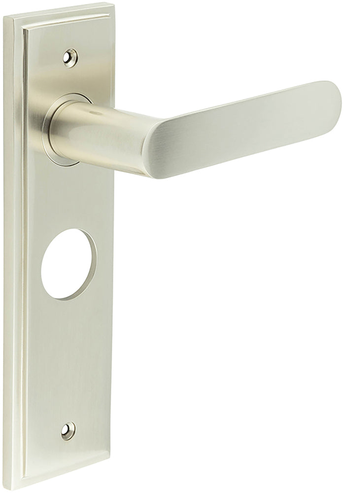 Flat Front Pattern Lever Handle With Rounded End On A Large Rectangular Backplate - Satin Nickel