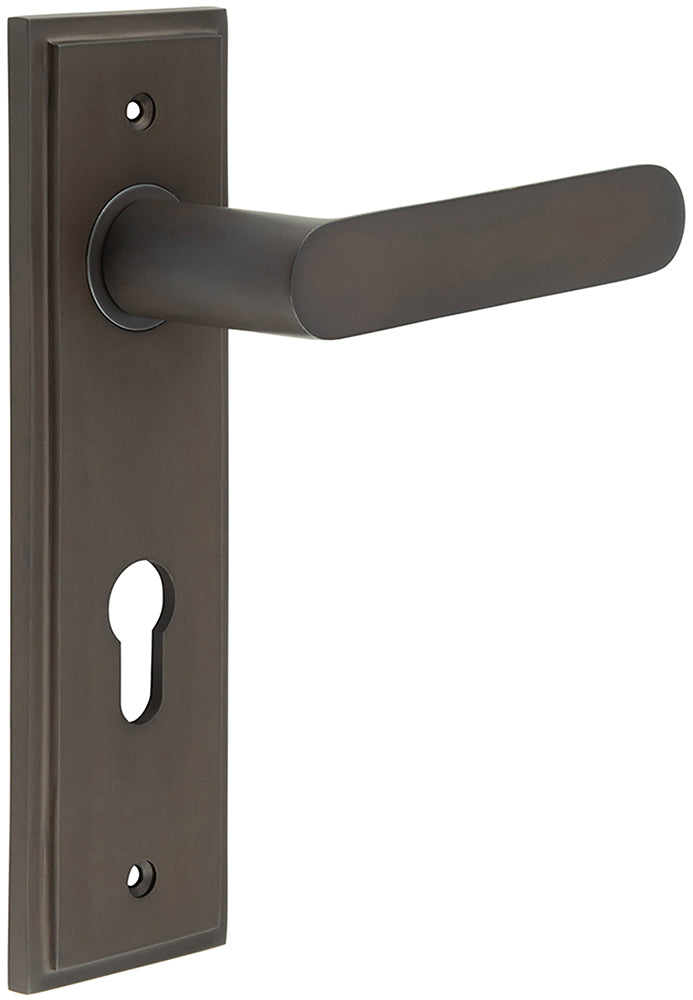 Flat Front Pattern Lever Handle With Rounded End On A Large Rectangular Backplate - Dark Bronze