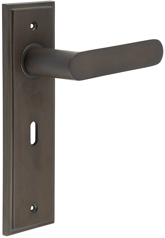 Flat Front Pattern Lever Handle With Rounded End On A Large Rectangular Backplate - Dark Bronze