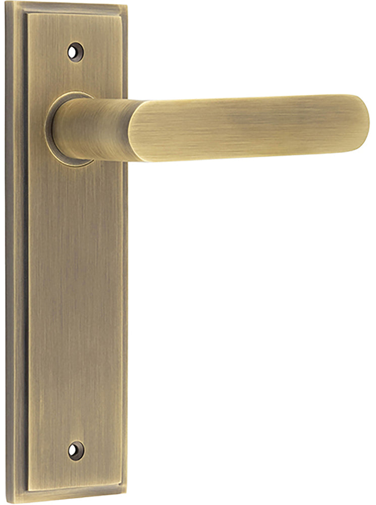 Flat Front Pattern Lever Handle With Rounded End On A Large Rectangular Backplate - Antique Brass