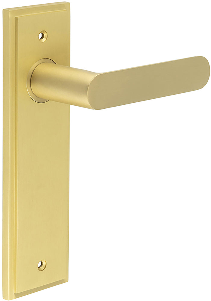 Flat Front Pattern Lever Handle With Rounded End On A Large Rectangular Backplate - Satin Brass