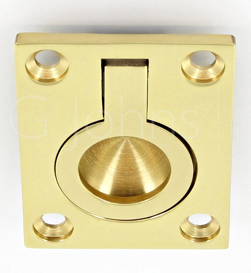 Flush Fitting Rectangular Ring Pull - Available In Two Sizes - Polished Brass