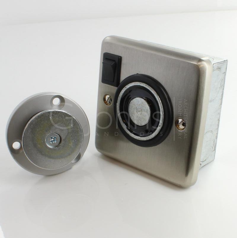 Flush Mounted Electro-Magnetic Fire Door Holder - 24v DC - With Manual On / Off Switch - Supplied With Armature Plate - Satin Nickel Finish
