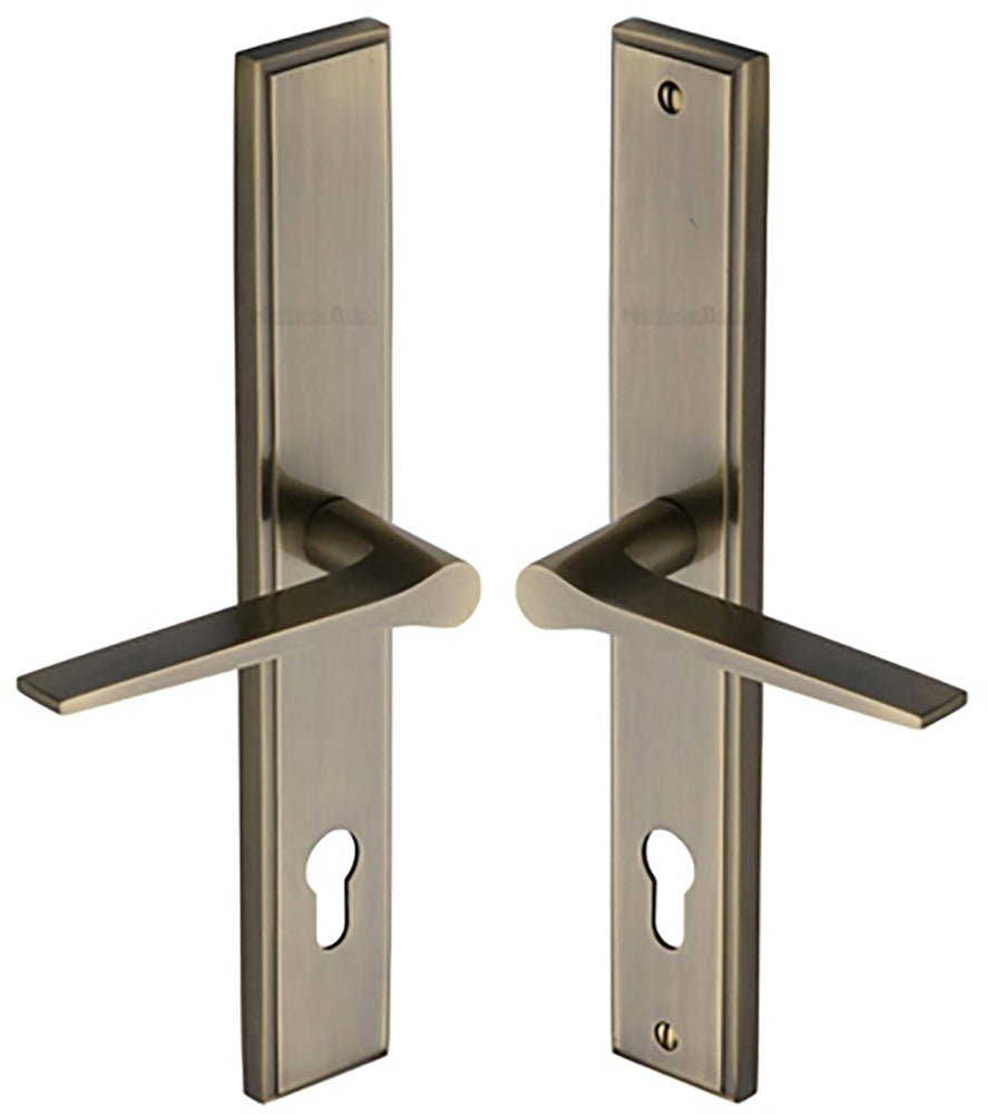 Gio Lever Multi Point Door Lever Handles - 92mm Euro Centres - 259mm Bolt Centres - 285mm x 44mm Back Plate - Antique Brass