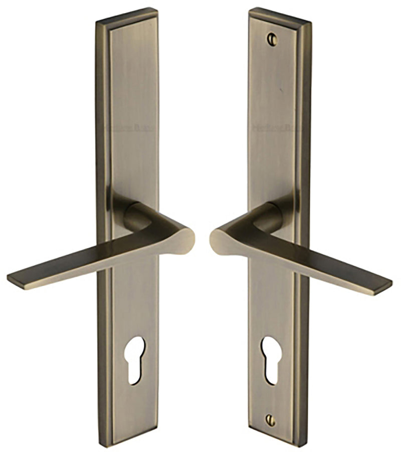 Gio Lever Multi Point Door Lever Handles - 92mm Euro Centres - 259mm Bolt Centres - 285mm x 44mm Back Plate - Antique Brass