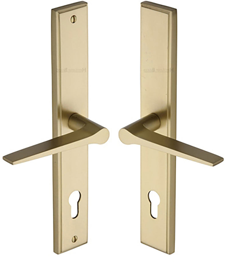 Gio Lever Multi Point Door Lever Handles - 92mm Euro Centres - 259mm Bolt Centres - 285mm x 44mm Back Plate - Satin Brass