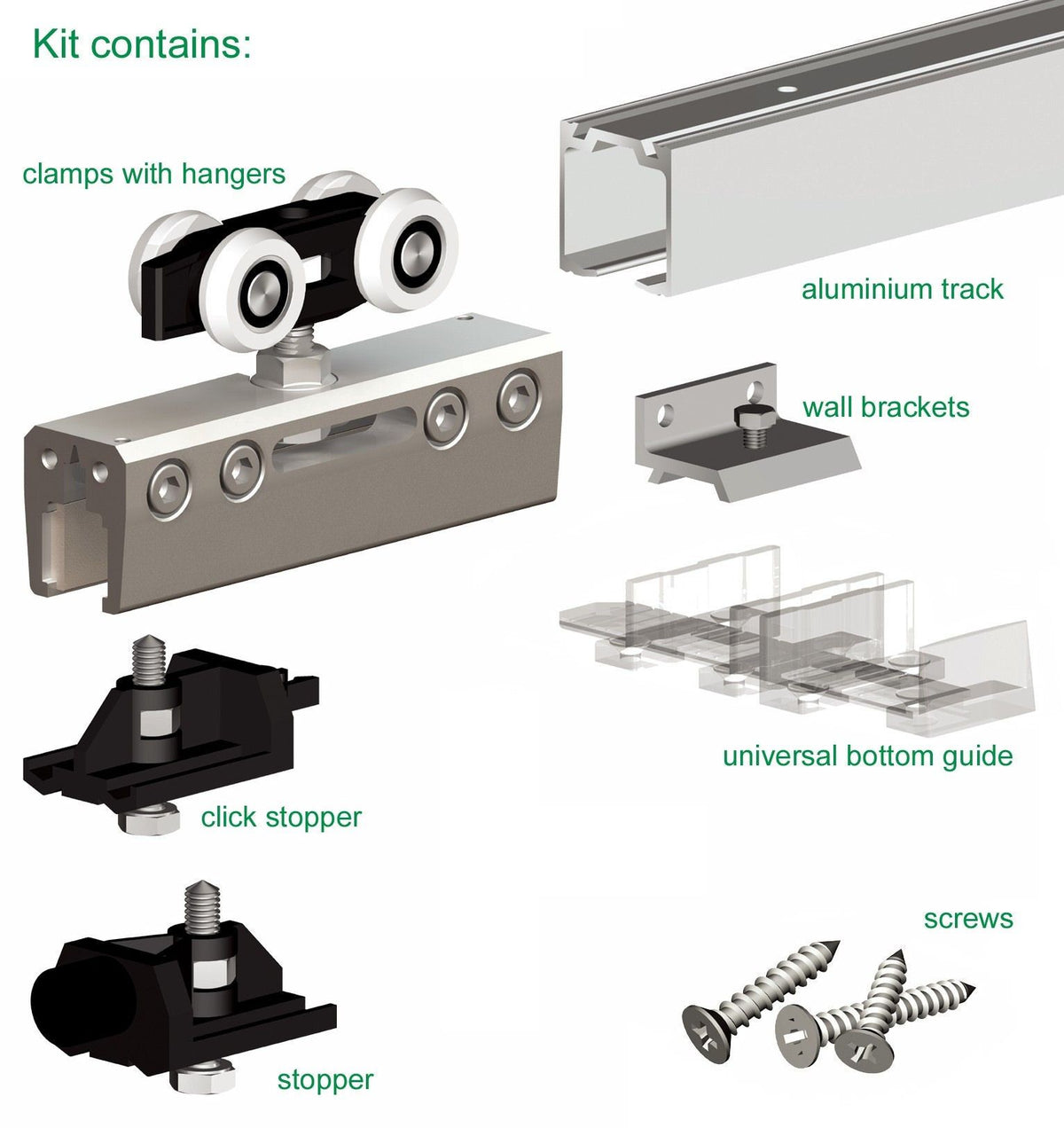 Sliding Door Gear System For 8-12mm Thick Glass Doors Up to 100kg In Weight