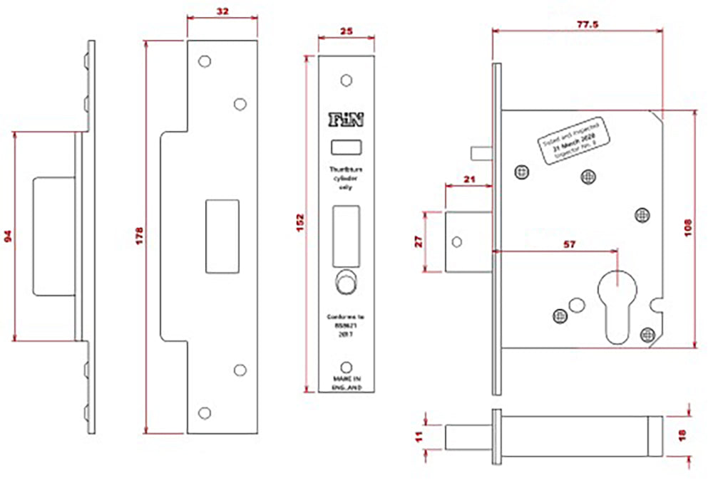 High Security Dual Front Door Lock Kit - Auto Locking BS8621 Mortice Nightlatch & BS3621 Mortice Dead Lock - Diagram