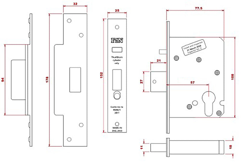 High Security Dual Front Door Lock Kit - Auto Locking BS8621 Mortice Nightlatch & BS3621 Mortice Dead Lock - Diagram