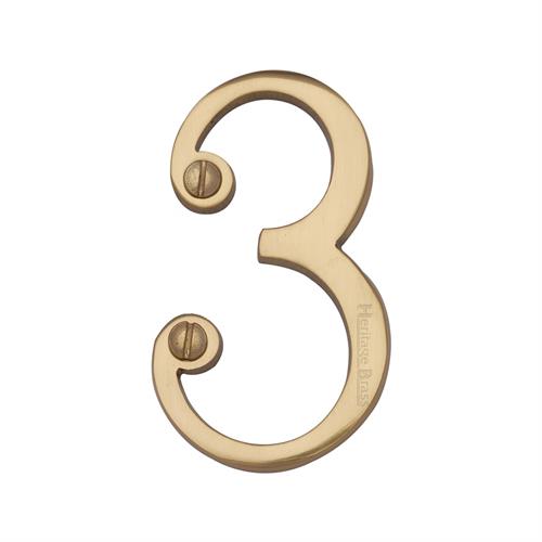 Polished Brass Unlacquered 76mm High Screw Fix House Number 3