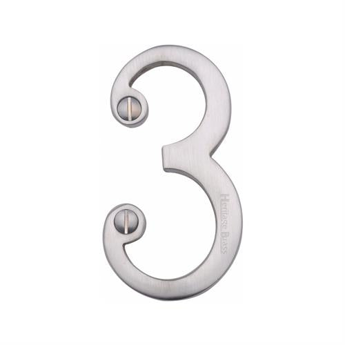 Satin Chrome 76mm High Screw Fix House Number 3