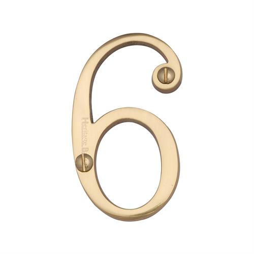 Polished Brass Unlacquered 76mm High Screw Fix House Number 6