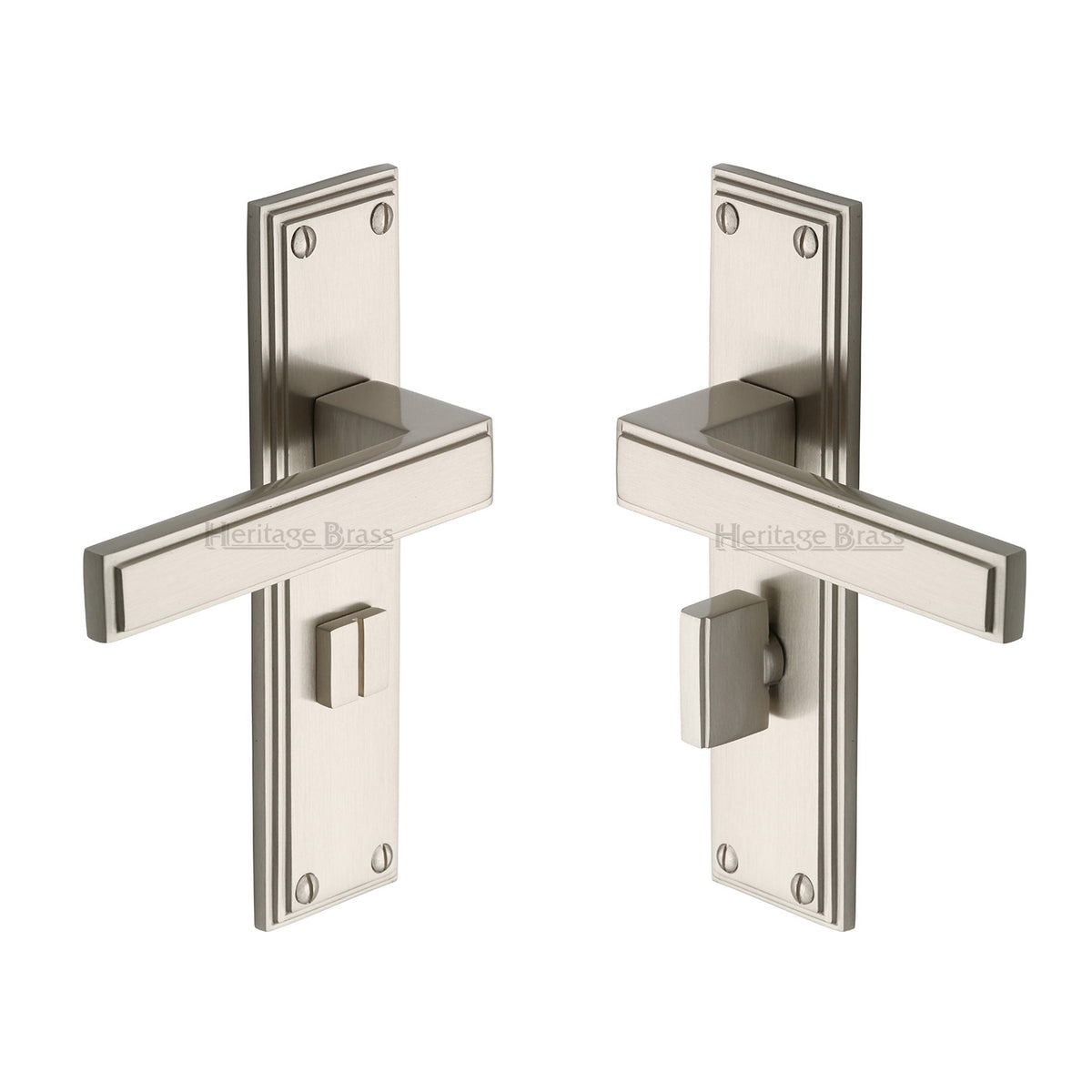 Atlantis Lever Door Handles On A Bathroom Lock Backplate - Satin Nickel