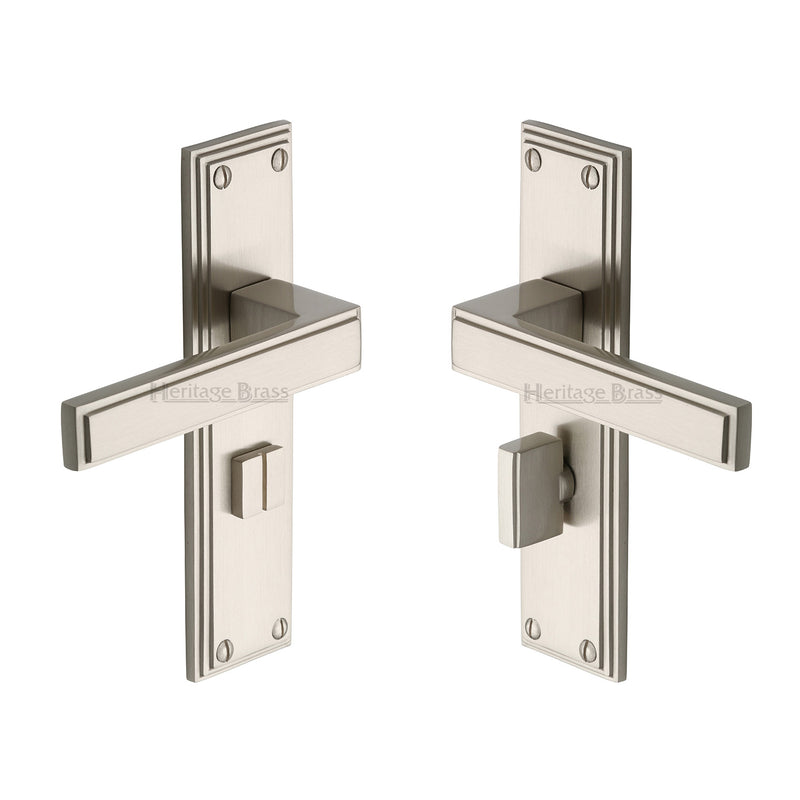 Atlantis Lever Door Handles On A Bathroom Lock Backplate - Satin Nickel