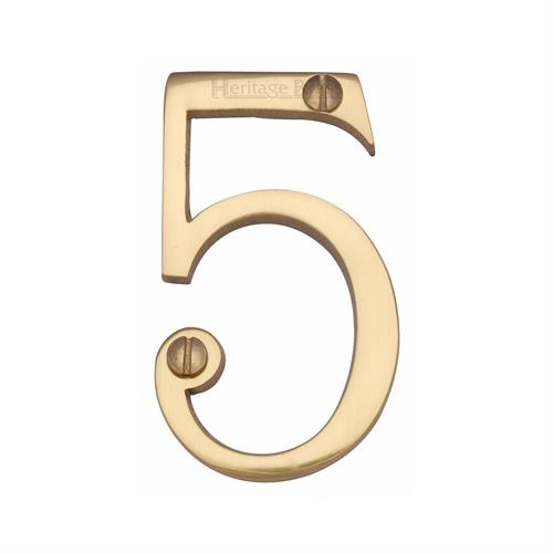 Polished Brass Unlacquered 76mm High Screw Fix House Number 5