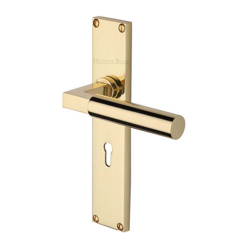Bauhaus Lever Door Handles On A 200mm Backplate - Standard Key Hole Lock Plate - Polished Brass