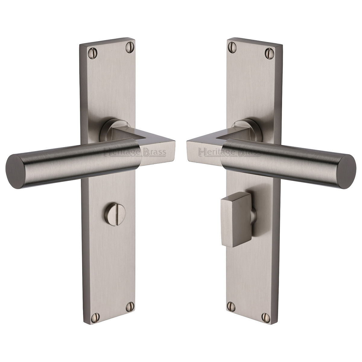 Bauhaus Lever Door Handles On A 200mm Backplate - Bathroom Turn & Release Plate - Satin Nickel