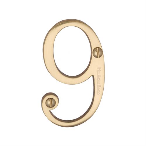 Polished Brass Unlacquered 76mm High Screw Fix House Number 9