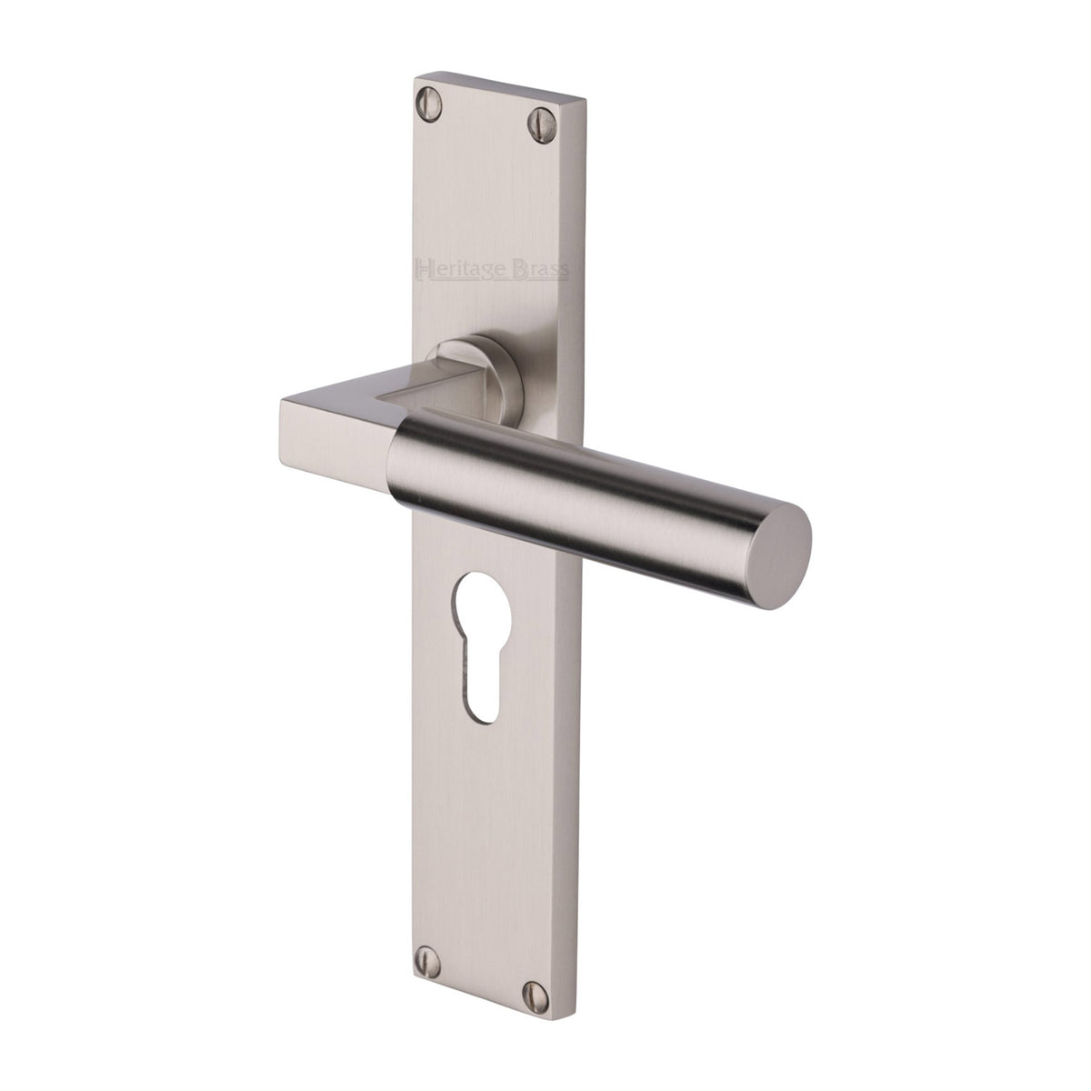 Bauhaus Lever Door Handles On A 200mm Backplate - Euro Profile Cylinder Plate - Satin Nickel