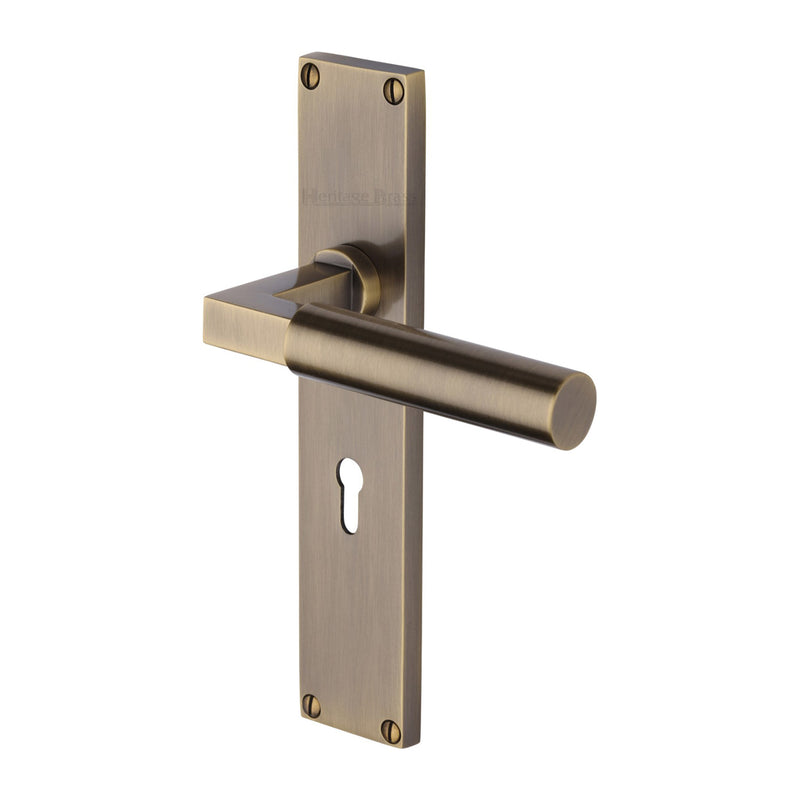Bauhaus Lever Door Handles On A 200mm Backplate - Standard Key Hole Lock Plate - Antique Brass