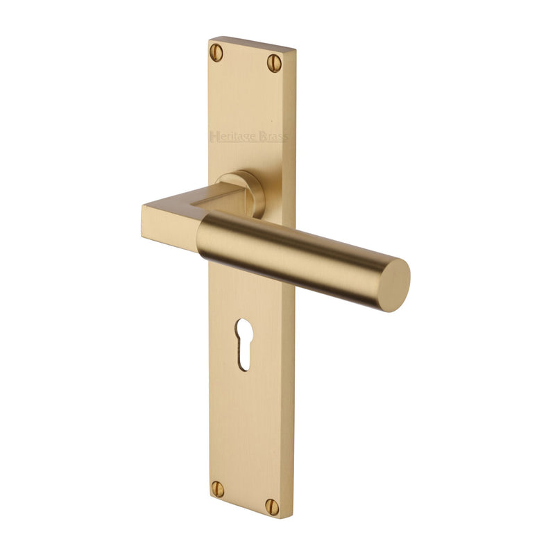 Bauhaus Lever Door Handles On A 200mm Backplate - Standard Key Hole Lock Plate - Satin Brass