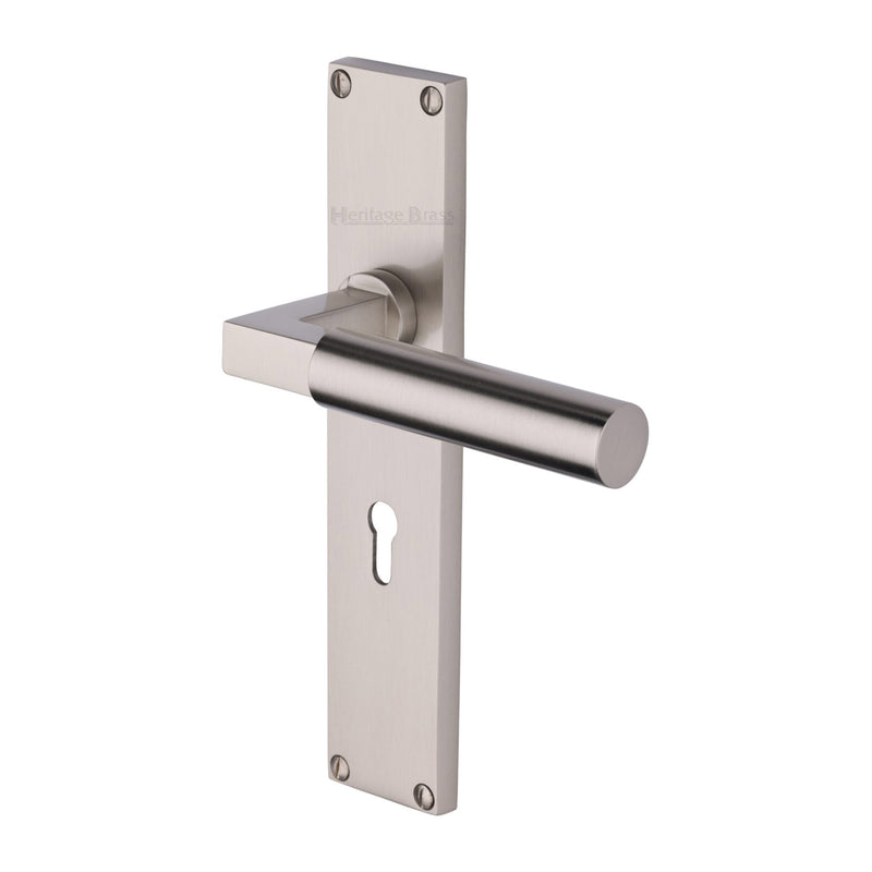 Bauhaus Lever Door Handles On A 200mm Backplate - Standard Key Hole Lock Plate - Satin Nickel