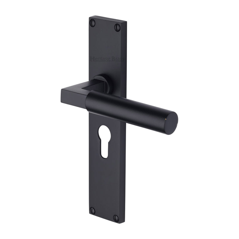 Bauhaus Lever Door Handles On A 200mm Backplate - Euro Profile Cylinder Plate - Matt Black