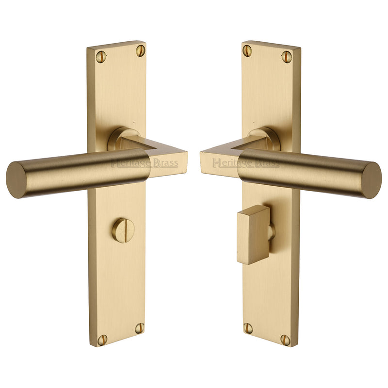 Bauhaus Lever Door Handles On A 200mm Backplate - Bathroom Turn & Release Plate - Satin Brass