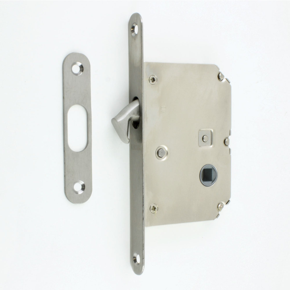 Square Shape Bathroom Hook Lock For Sliding Pocket Doors - With Turn And Release - Satin Stainless Steel