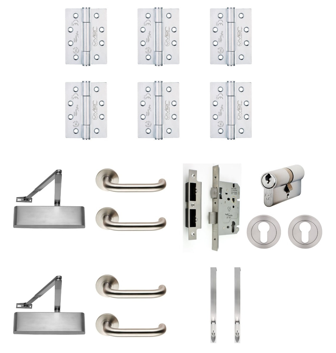 Double Locking Door (Office / Room) - Ironmongery Kit - For Non Fire Rated Doors - Satin Stainless Steel Ironmongery