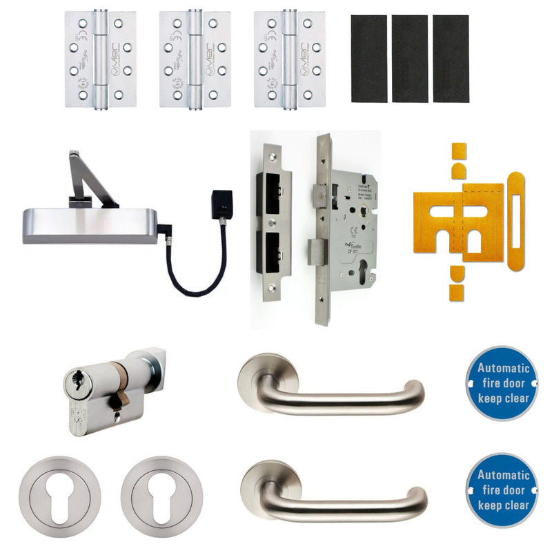 Single Locking Door (Office / Room) With Electromagnetic Free Swing Door Closer - Ironmongery Kit - Suitable For FD30 & FD60 Fire Doors - Satin Stainless Steel Ironmongery