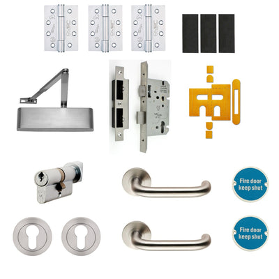 Single Locking Door (Office / Room) - Ironmongery Kit - Suitable For FD30 & FD60 Fire Doors - Satin Stainless Steel Ironmongery