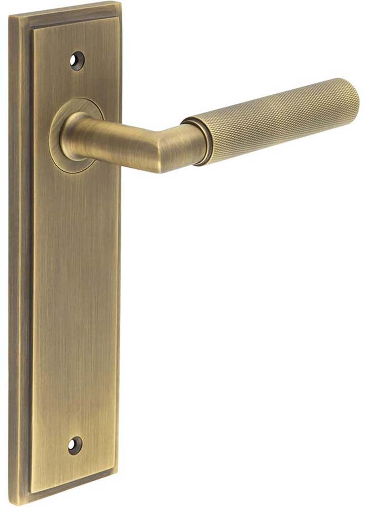 Knurled Pattern Lever Handle On A Large Rectangular Backplate - Antique Brass