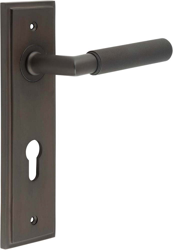 Knurled Pattern Lever Handle On A Large Rectangular Backplate - Dark Bronze